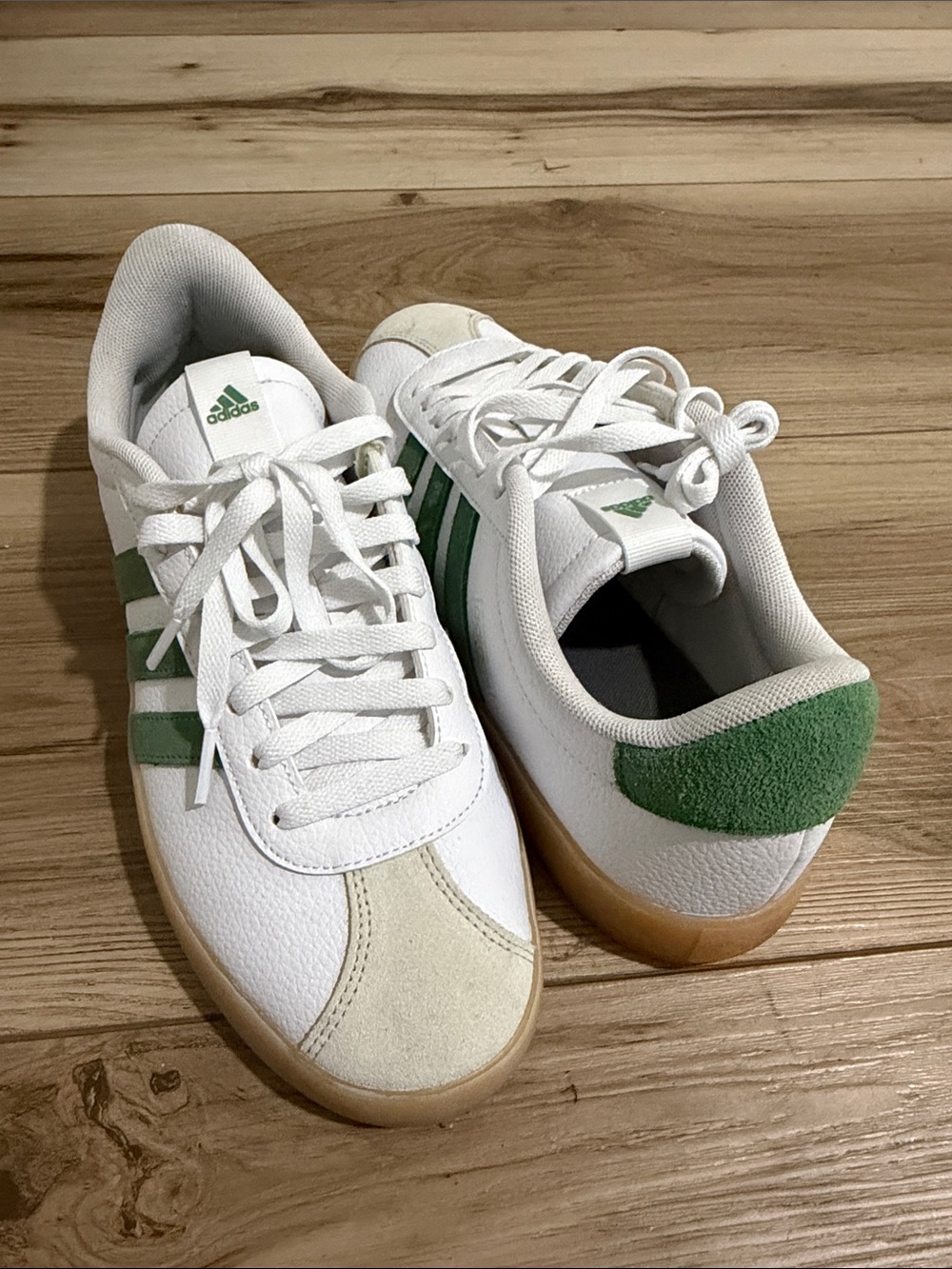 adidas Kids White Sneakers with Green Stripes and Gum Sole